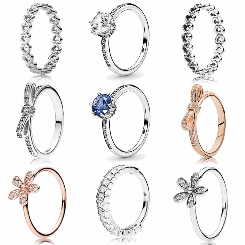 Original Classics Openwork Linked Love Heart Clear Sparkling Crown Rings With Crystal 925 Sterling Silver Ring Pandora Jewelry