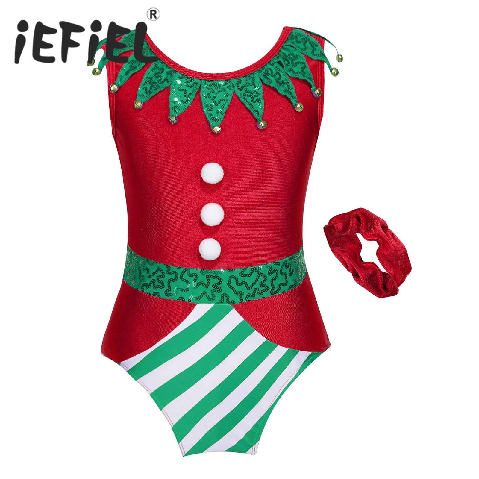 Kids Girls Elf Christmas Costume Xmas New Year Festival Santa Cosplay Bodysuit Leotard Sequined Fancy Dress Up Party Dancewear