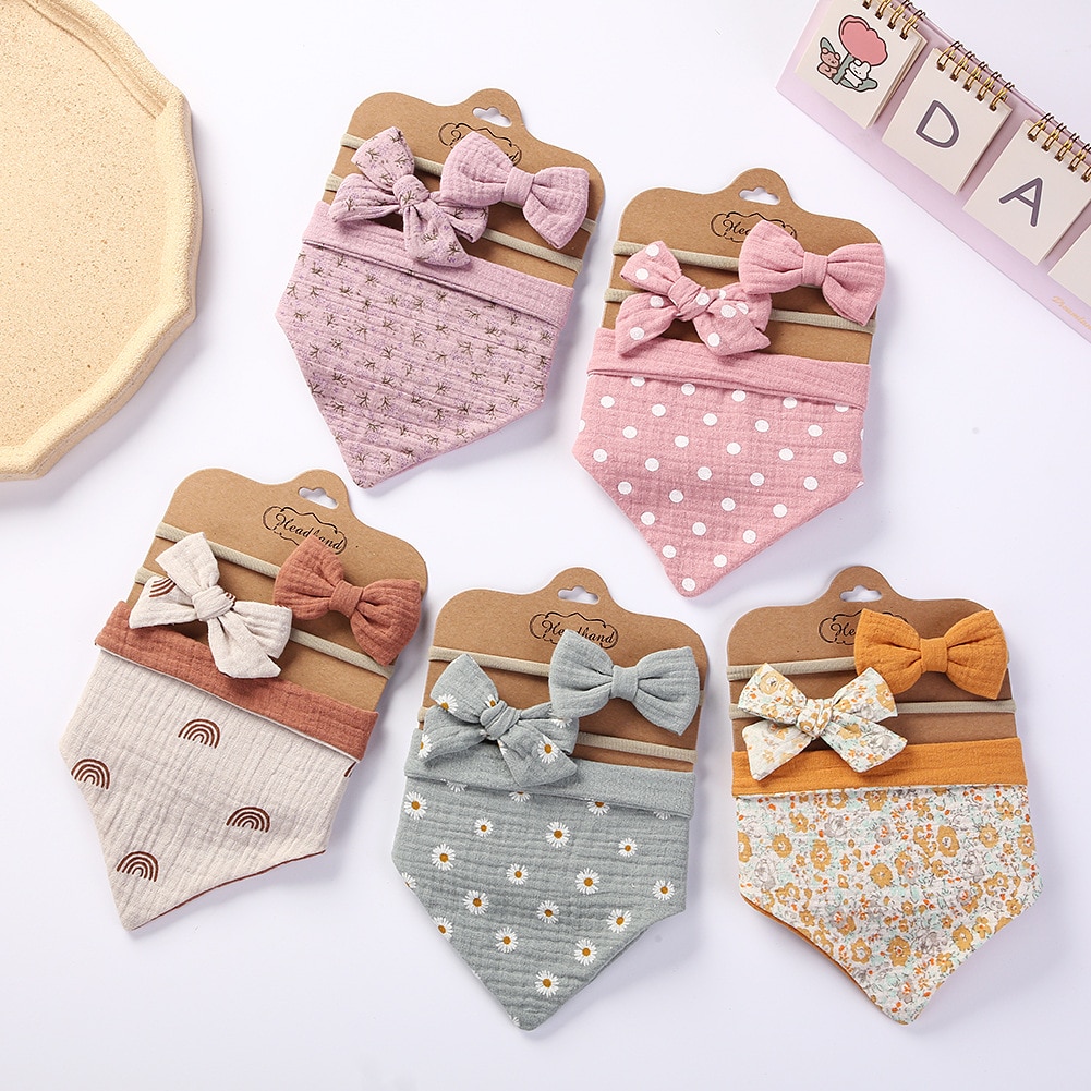 3Pcs/Set baby Feeding Burp Cloth with Bow Headband Adjustable Muslin Cotton Baby Bib Button Triangle Saliva Towel