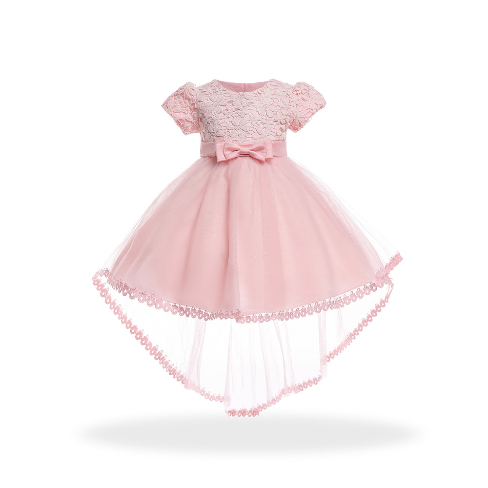 Hot Selling 3-10 Years Peach Kids Party Dress 2023 New Arriva Short Sleeves Flower Girl Dresses with Train Child Princess Gowns