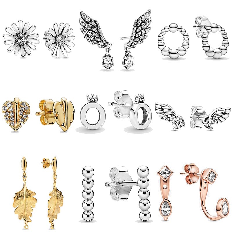 Original Angel Wing Polished Crown O Signature Stud Earring With Crystal 925 Sterling Silver Earrings For Women Pandora Jewelry