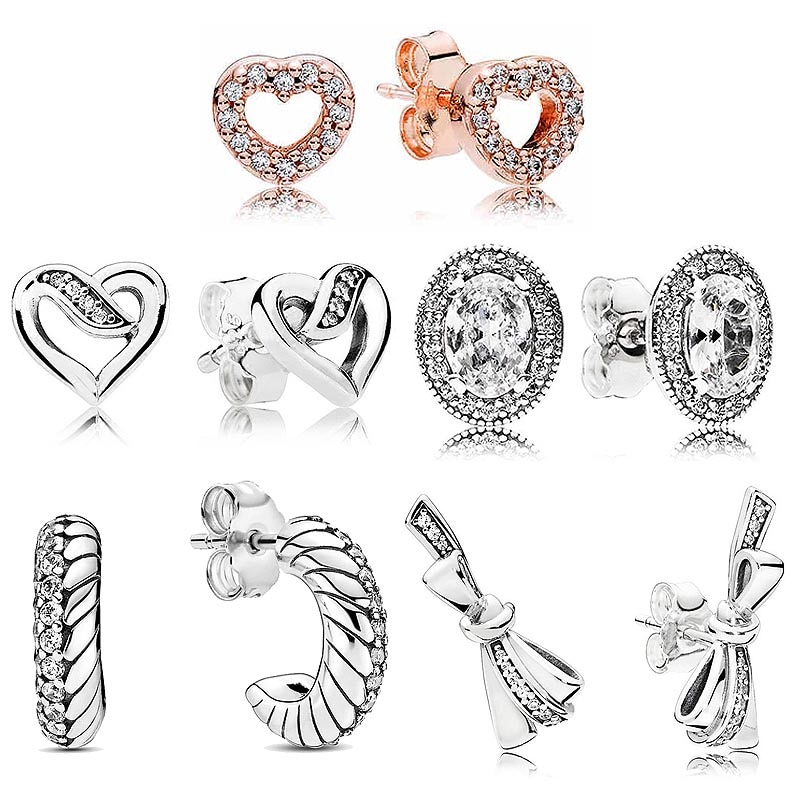 Original Captured Ribbons Of Love Heart Brilliant Bow Snake Chain Pattern With Crystal Studs Earring For Women Pandora Jewelry