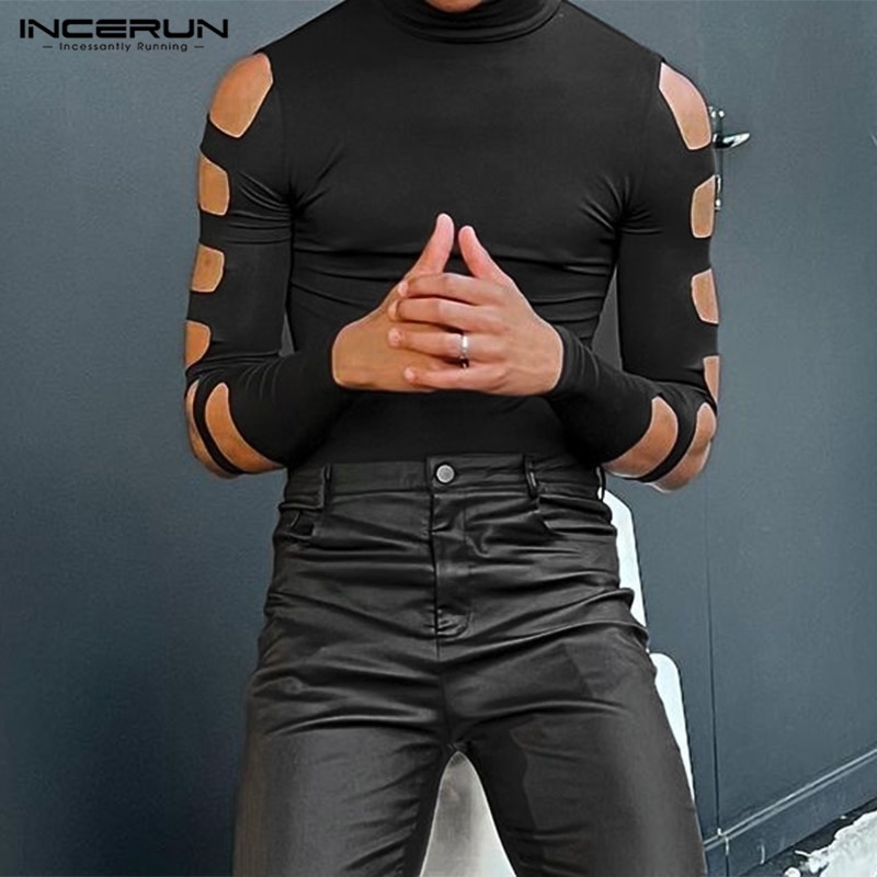 Men Bodysuits Solid Color Pajamas Turtleneck Long Sleeve Hollow Out Rompers Fitness Sexy Men Bodysuit Underwear S-5XL INCERUN 7