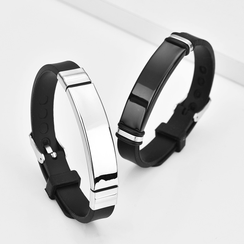 Fashion jewelry engrave logo vintage Black Rubber Wristband Silicone Stainless Steel Men Bracelets Bangles personality jewelry