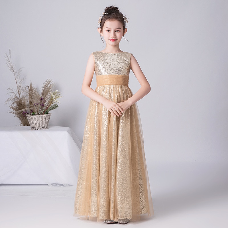 New Elegant Sequined Gold Long Children's party Wedding Dresses for Birthday Child Costume Prom Dress Girls Evening Gown Ba