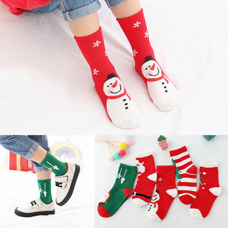 5Pairs Christmas 100% Cotton Baby Boys Girls Winter Socks New Year Striped Keep Warm Floor Anti-skid Children's Socks 2-12 