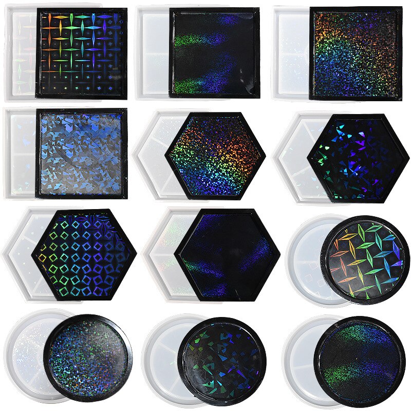 DIY Laser Holographic Coaster Silicone Mold Round Square Laser Cup Pad Tea Coaster Home Decoration For Epoxy Resin Making Molds