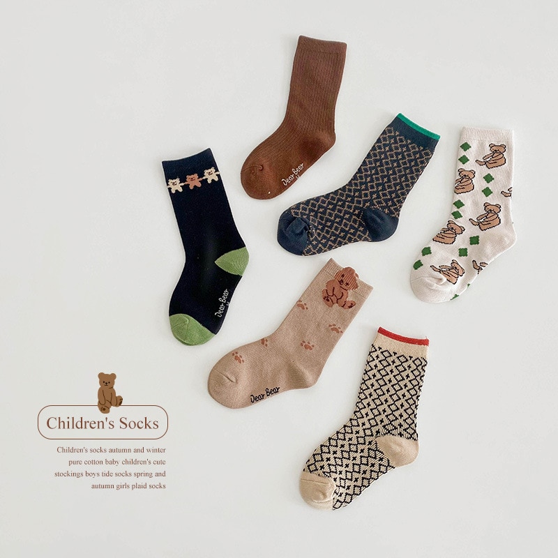 Children's Socks Autumn And Winter Pure Cotton Korean Girls's Stockings Baby Cartoon Cute Bear Plaid Letters Boys Sock