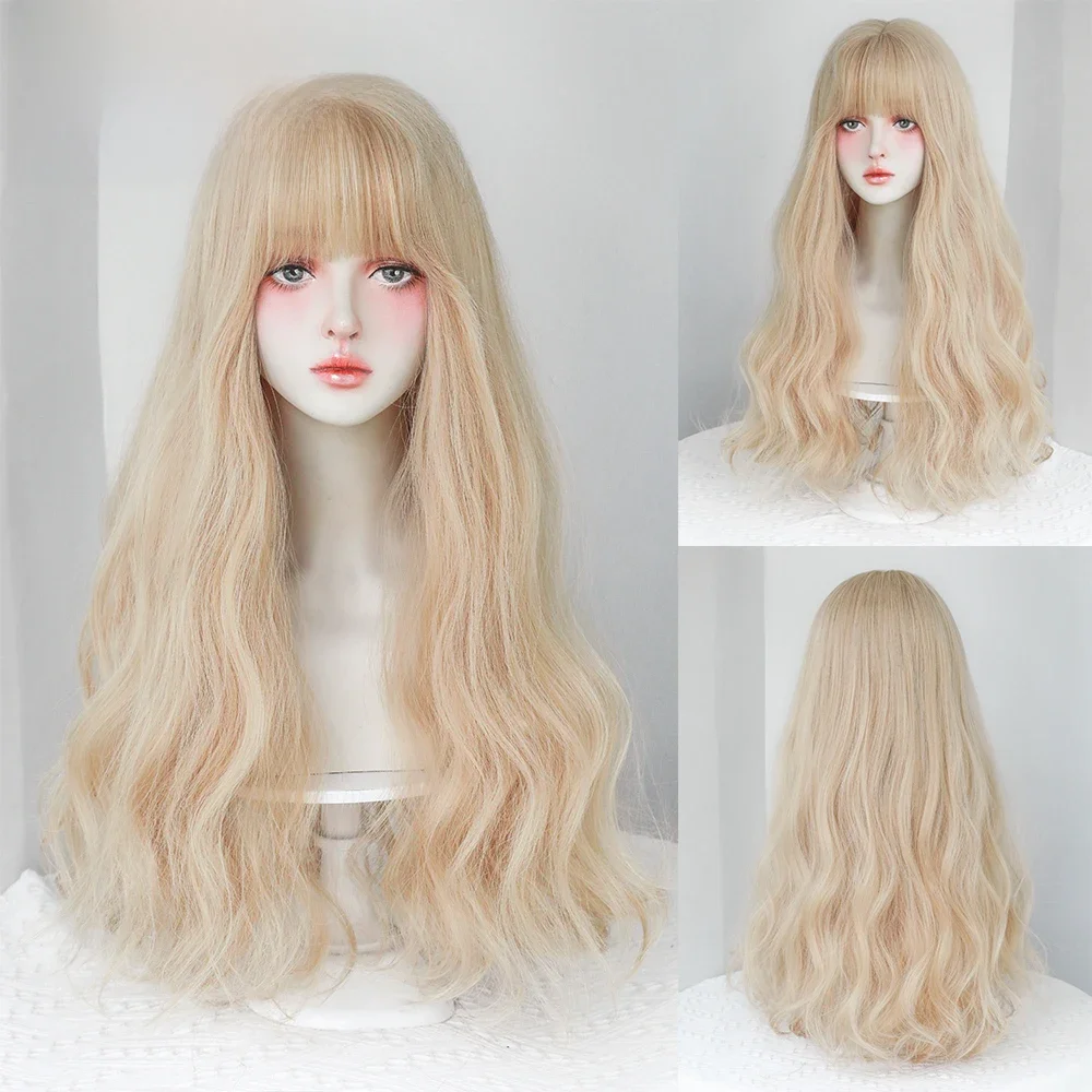 Dense Long Wave Wig Women Wig with Bangs Blonde Cospaly Lolita Daily Party Synthetic Wigs Heat
