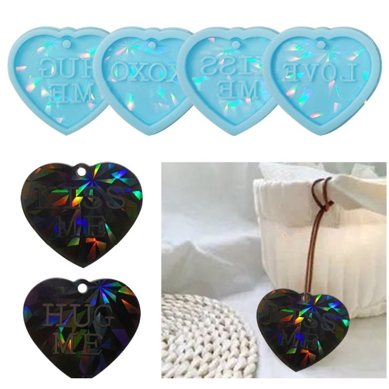 DIY Holographic Heart Keychain Silicone Mold with Hole Jewelry Charms Earrings Keychain Pendant Epoxy Resin Mould Bag Decoration