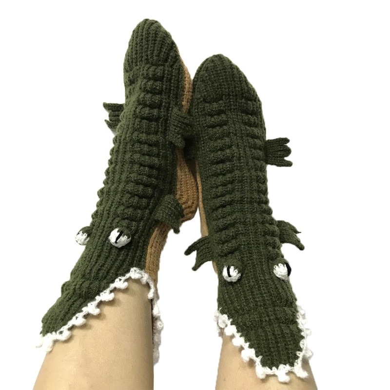 Novelty Chunky Crochet Knit Cartoon Slipper Socks Funny 3D Big Eyes Wide Mouth for Crocodile Bite Animal Warm Floor Stockings