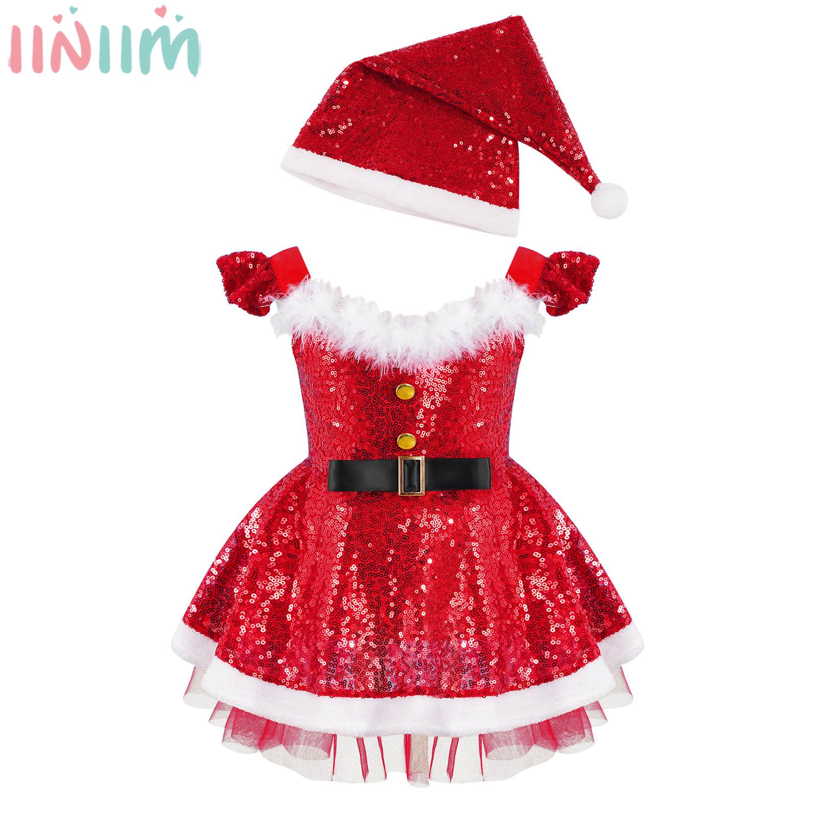 Baby Girls Sequin Christmas Princess Tutu Dress with Hat Xmas New Year Birthday Party Santa Claus Cosplay Performance Costume