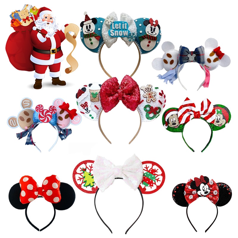 2022 Disney New Christmas Headbands for Adult Kids Headband Minnie Mouse Ears Christmas Santa Claus Snowman Headband Xmas Gifts