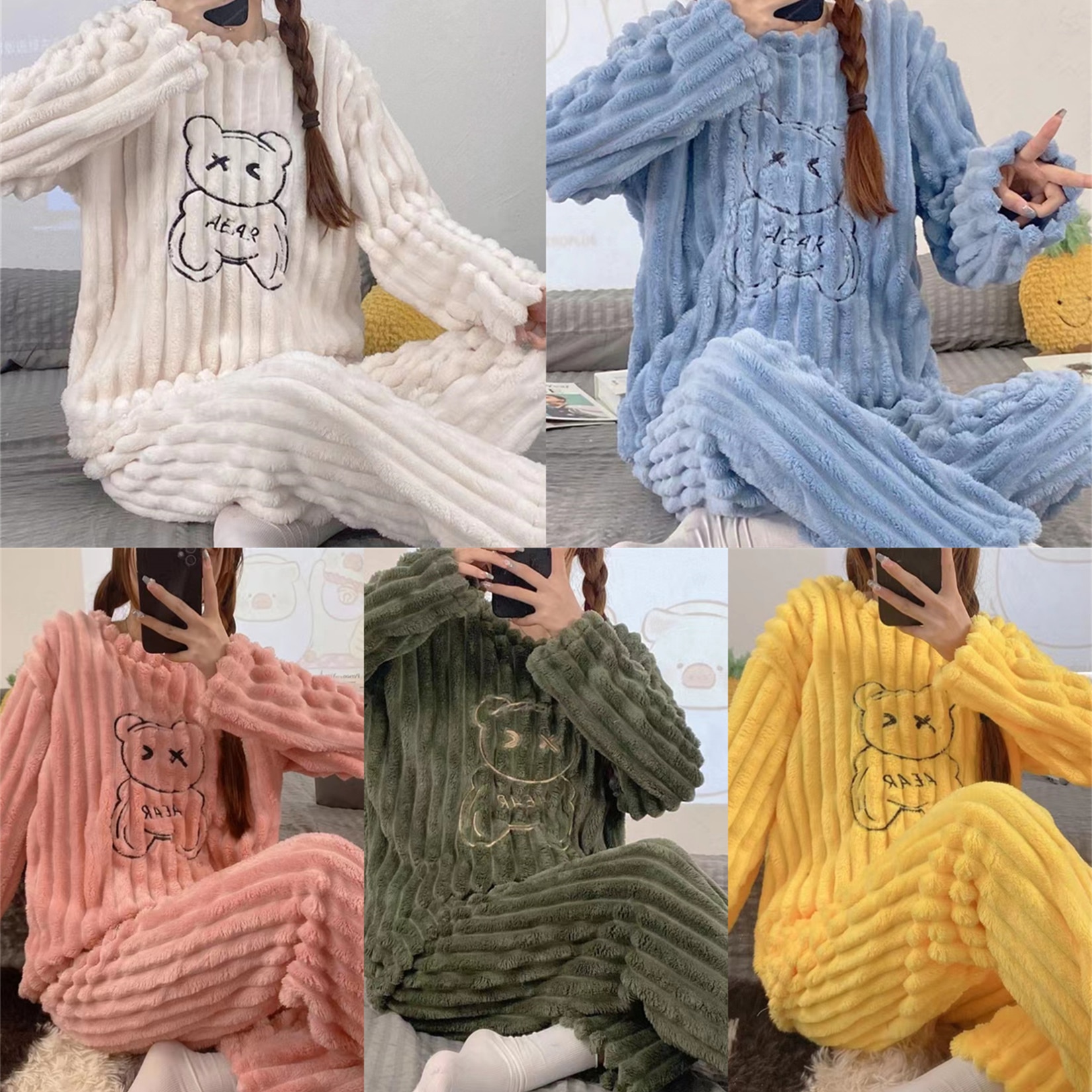 Winter Thermal Pajamas for Girls with Thickened Student Coral Velvet Cartoon Two Piece Suit Round Collar Flannel Home Dress Set