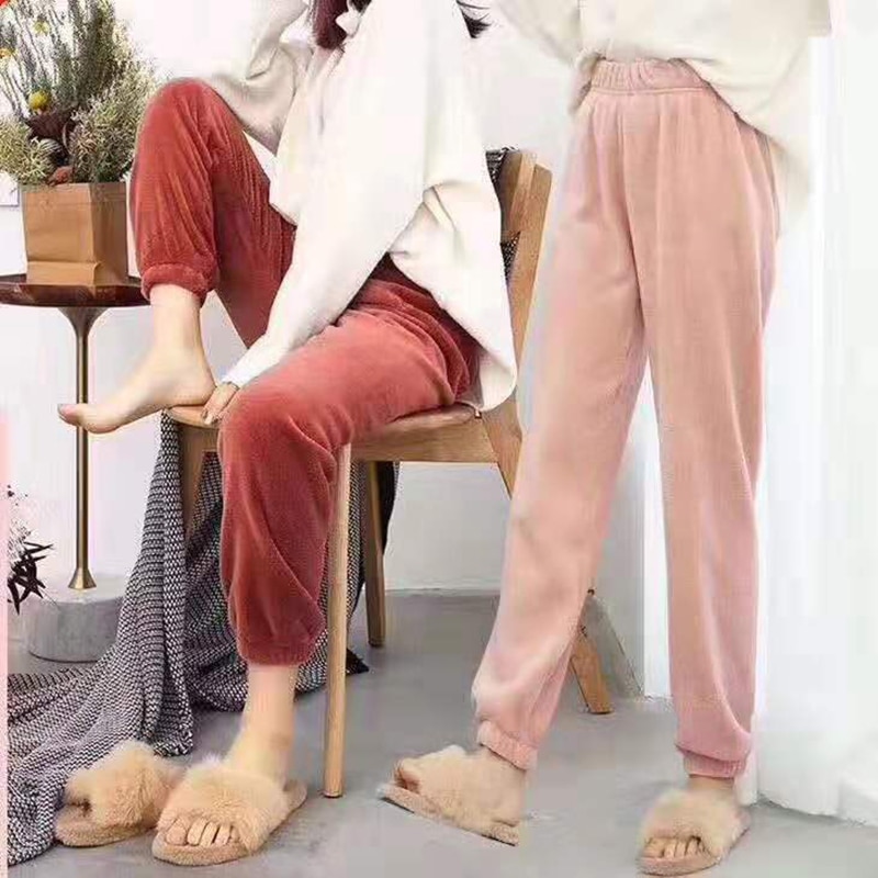 Women Sleep Pants Winter Coral Fleece Sleepwear Bottoms Casual Long Pajamas Pants Solid Warm Flannel Home Style Nightwear