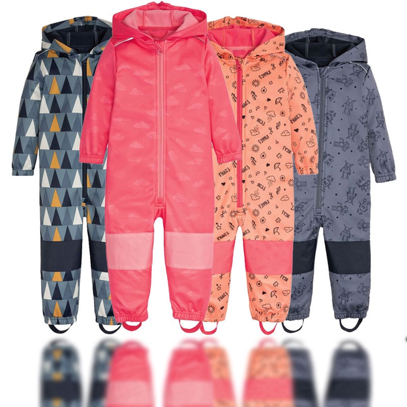 2023 new 2-10 year old children's soft shell jumpsuit for boys and girls plus fleece jumpsuit windproof and rainproof