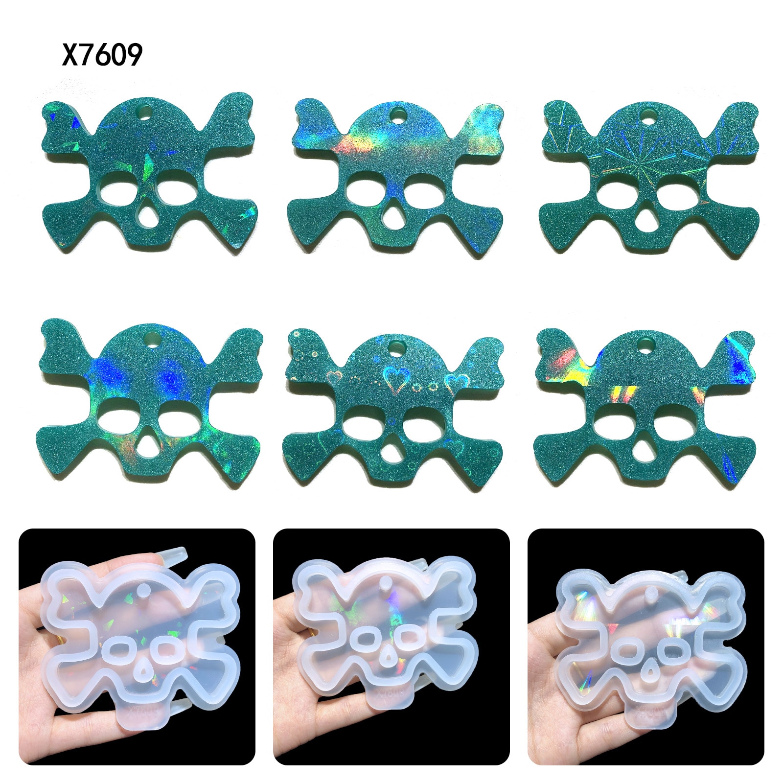 Holographic Molds for Epoxy Resin Silicone Spooky Skull Tag Laser Resin Pendant Holo Silicone Mold Creative Deco DIY Charms Mold