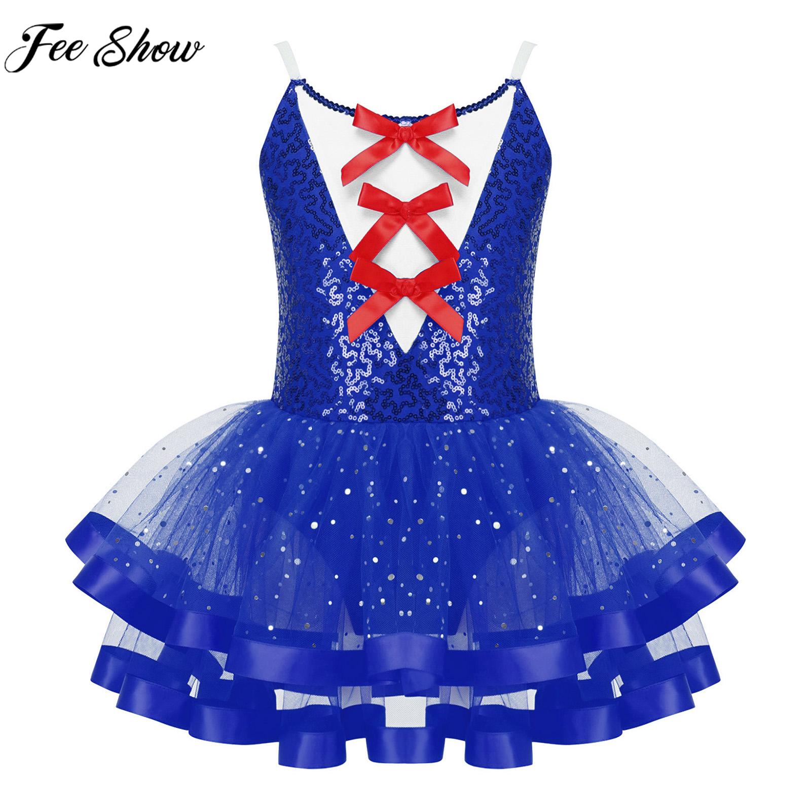 Child Girls Christmas Ballet Dance Dress Sleeveless Shiny Sequin Leotard Tutu Skating Gymnastics Stage Performance Dancewear