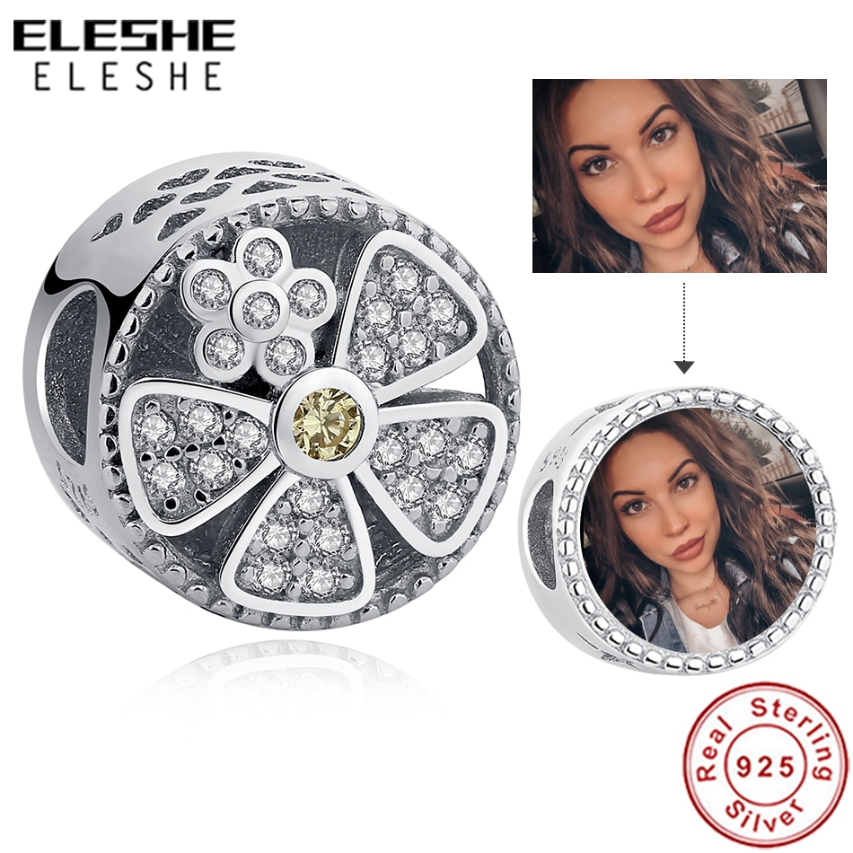 ELESHE 925 Sterling Silver Flower Zircon Bead Charm Fit Original Bracelet Personalized Custom Photo Charm Women Jewelry Making