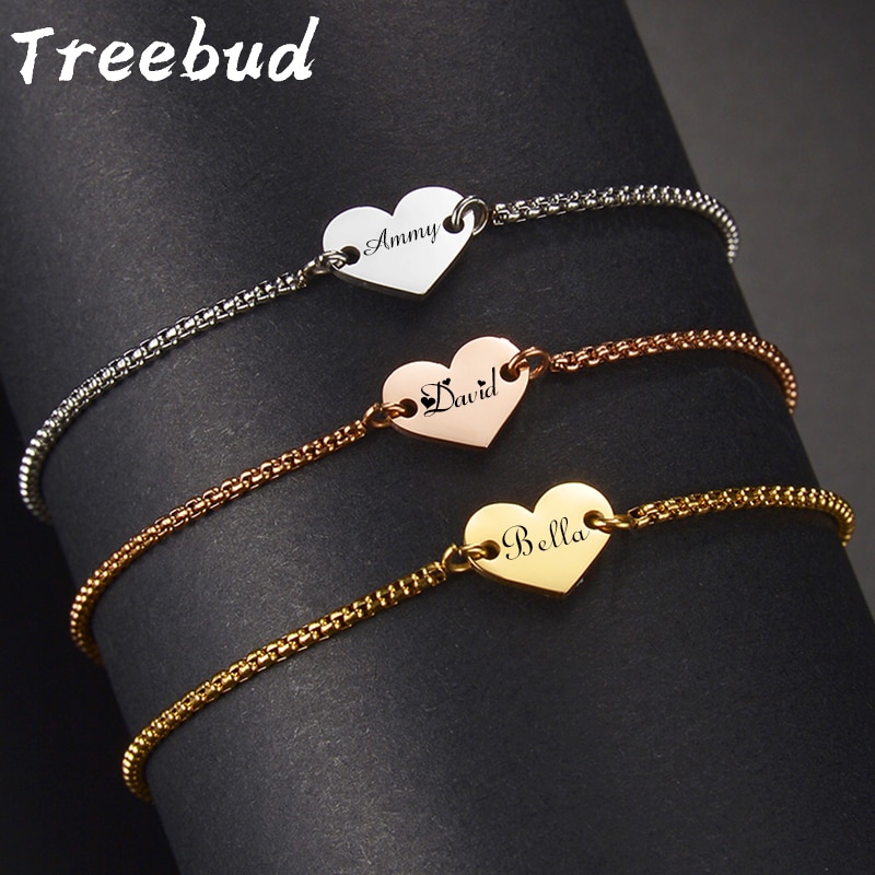 Treebud Custom Name Heart Bracelet Stainless Steel Personalized Laser Engraved Date ID Tag Adjustable Size Bracelets Jewelry