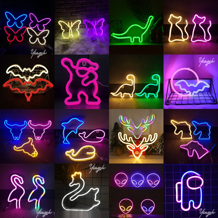 Animal Neon Light Sign LED Cat Bat Dinosaur Butterflies Swans Santa Claus Modeling Lamp Decor Room