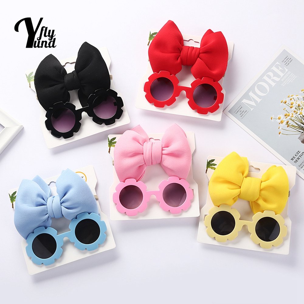 Yundfly Cute Baby Girls Sunglasses Headband Set Bow Headwear Flower Glasses for Children Photography Props Hair Accessories