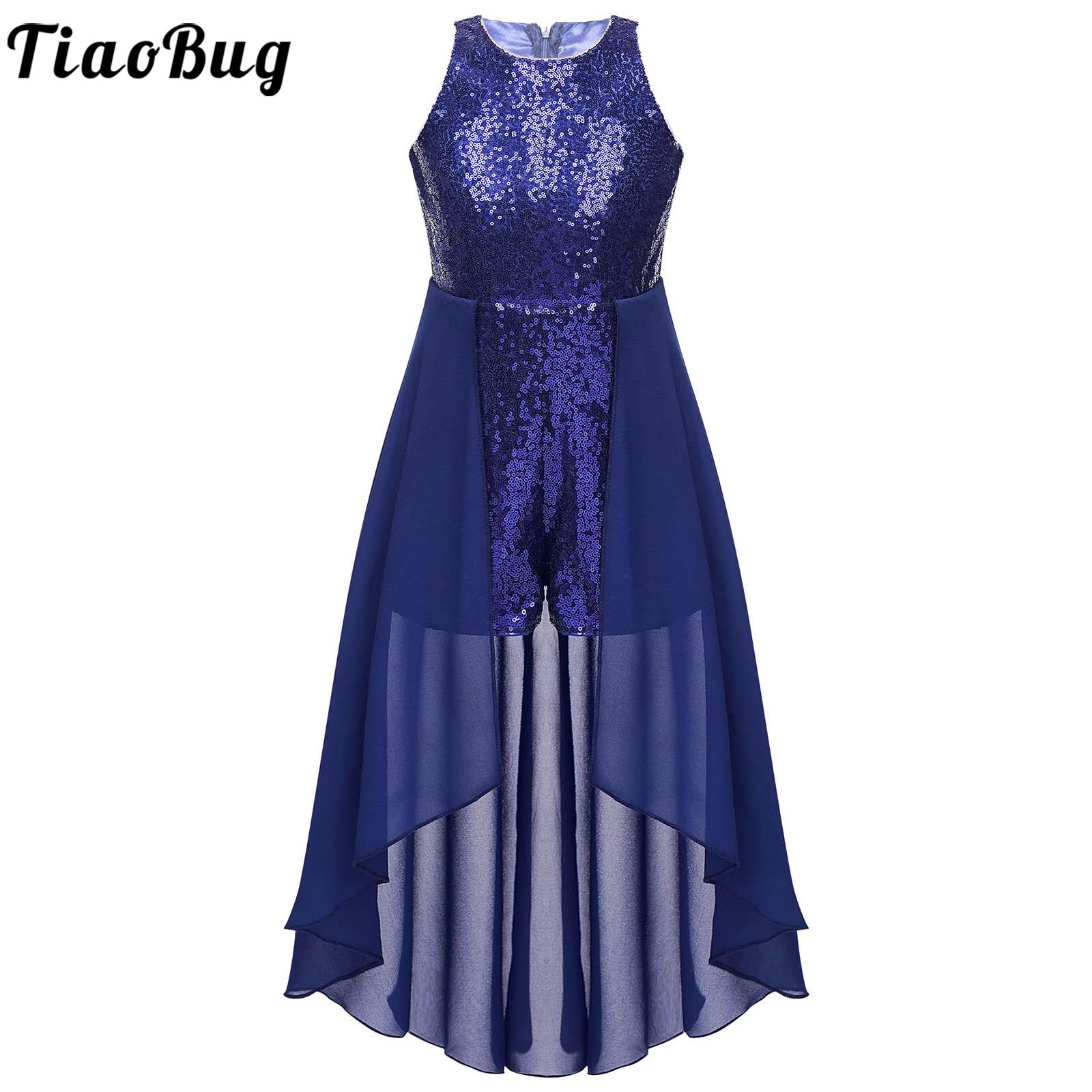 Kids Girls Sparkly Sequin Wedding Prom Birthday Party Dress Stage Performance Round Neck Sleeveless Chiffon Long Leotard Dress