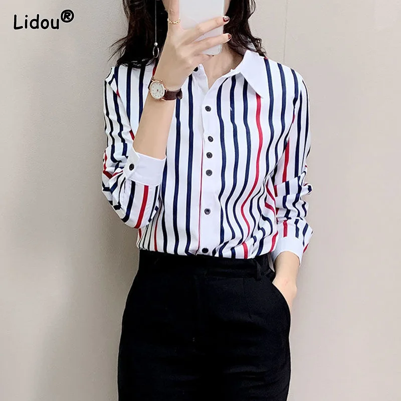 Striped Irregular Blouses Turn-down Collar Button Formal Office Lady Casual Lightly Cooked Thin