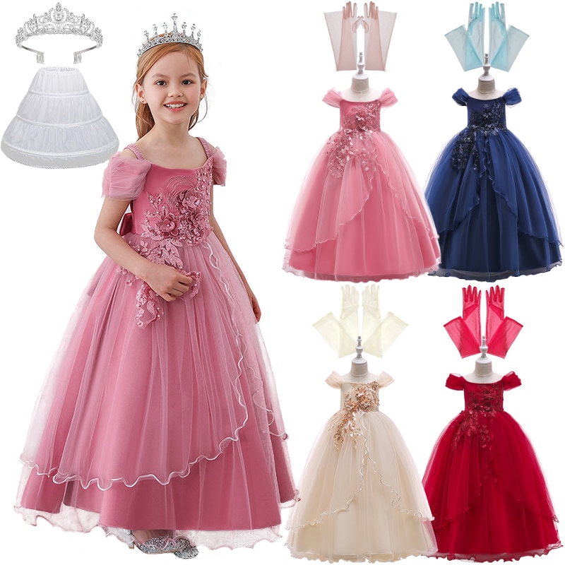 Formal Chilren Dress for Girls Lace Flowers Beading Ruffle Style Occasion Ceremony Graduation Wedding Bridesmaid Long Dresses