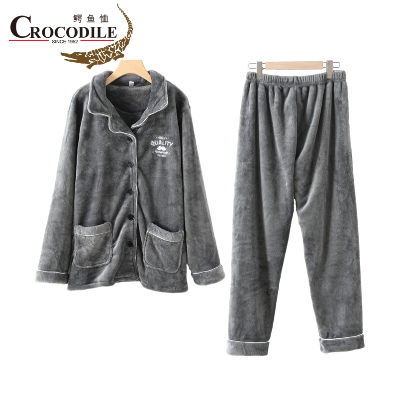 Crocodile 2022 New Winter Thick Coral Fleece Men's Pajamas Long-sleeved Design Grey Lapel Sleepwear Trousers Two-piece Sets