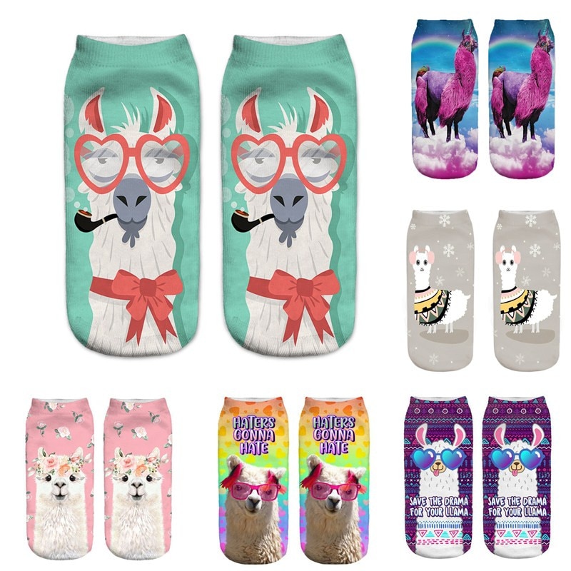 Lovely Sublimation Women Ankle Socks Alpaca Lama Alpacos 3D Print Cotton Short Socks for Girls Ladies