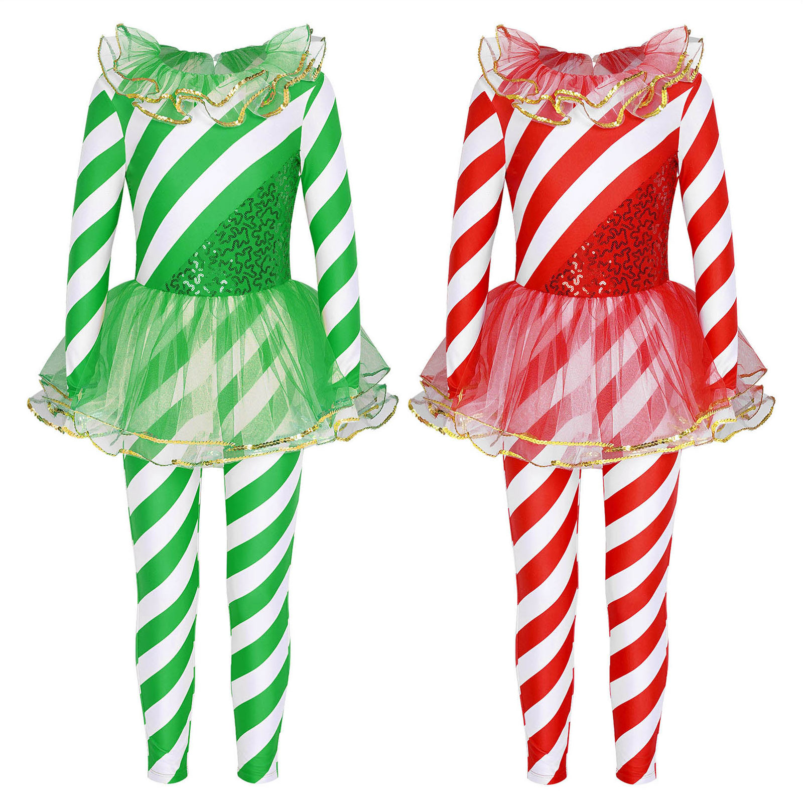 Kid Girls Striped Jumpsuit Leotard Christmas Candy Cane Sequin Mesh Stripes Dance Jumpsuit Xmas Party Stage Performence Dress Up