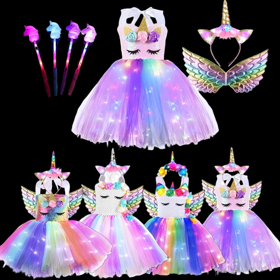 Glowing Light Girls Unicorn Dresses Tutu Princess Shiny Dress Birthday Party Dancing Cosplay Costume
