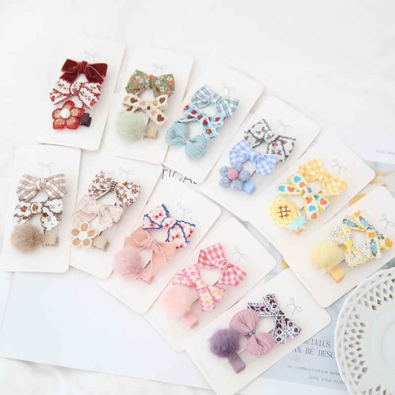 3pcs/set Baby Hairpins Cute Princess Solid Color Bow Floral Hair Pin for Baby Girl Fabric Plush Bang Side Clip Cheap Baby Stuff