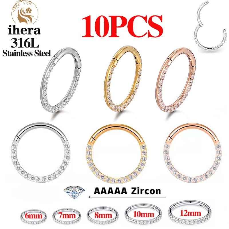 10PC Stainless Steel Nose Rings CZ Zircon Hinged Segment Septum Clicker Ring Round Earrings Hoops Ear Cartilage Piercing Jewelry