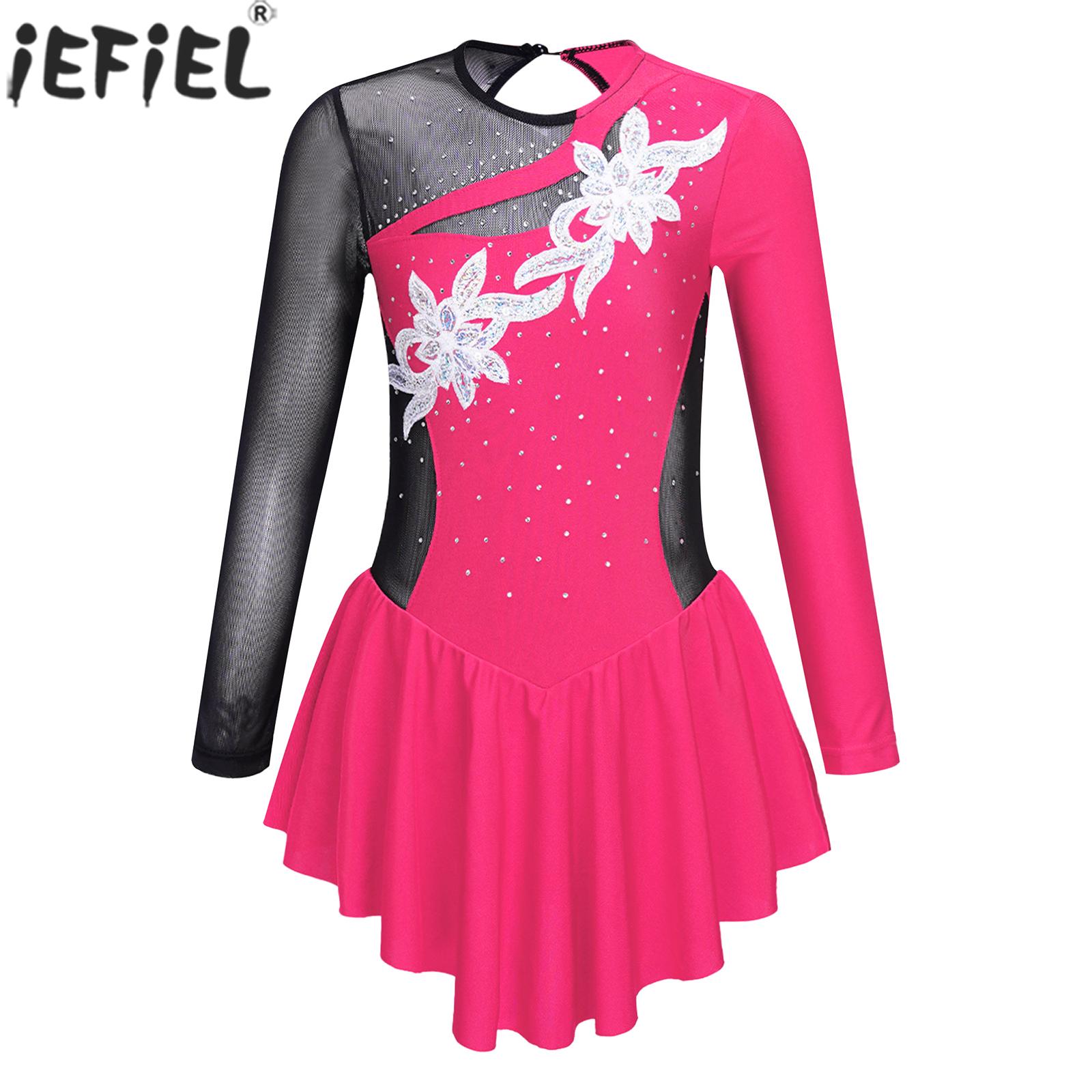 Girls Figure Skating Costume Long Sleeve Shiny Rhinestone Dress Ballet Dance Rhythmic Gymnastics Performance Leotard Dresses