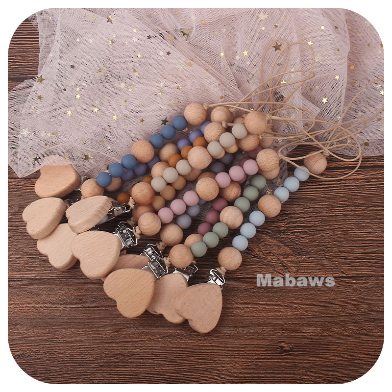 Creative New Children'S Toy Gum Silicone Bead Pacifier Chain Beech Caring Pacifier Clip Wooden Baby Rattle Puzzle Toy