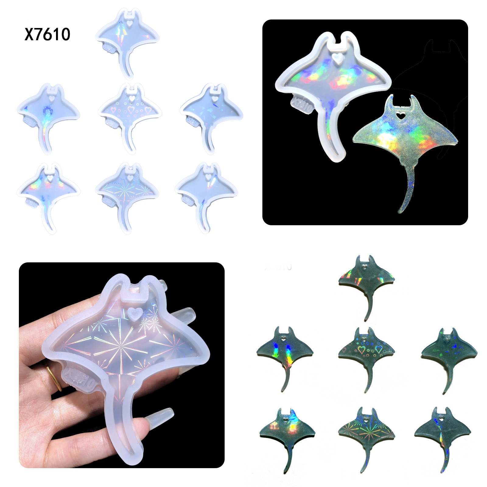 Holographic Molds for Epoxy Resin Silicone Cute Stingray Shape Keychain with Hole Silicone Mold for DIY Tag Crafting Pendant