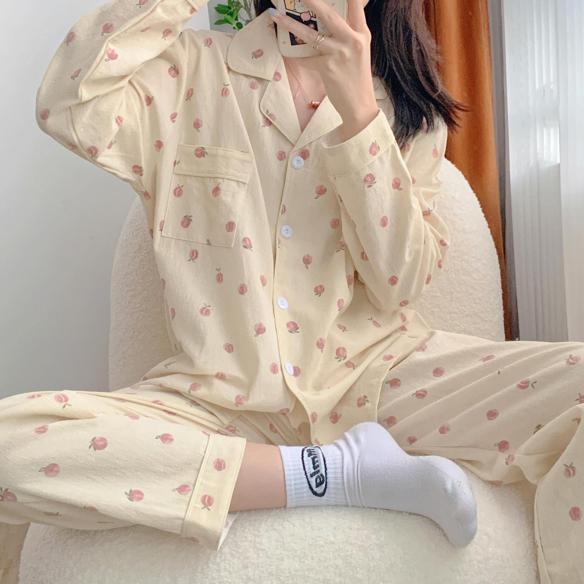 New Spring Cotton Female Pajamas Set Sleepwear Sweet Cute Print Peach Trouser Suits 2 PCS Shirt&Pant Loose Home Clothes Pyja