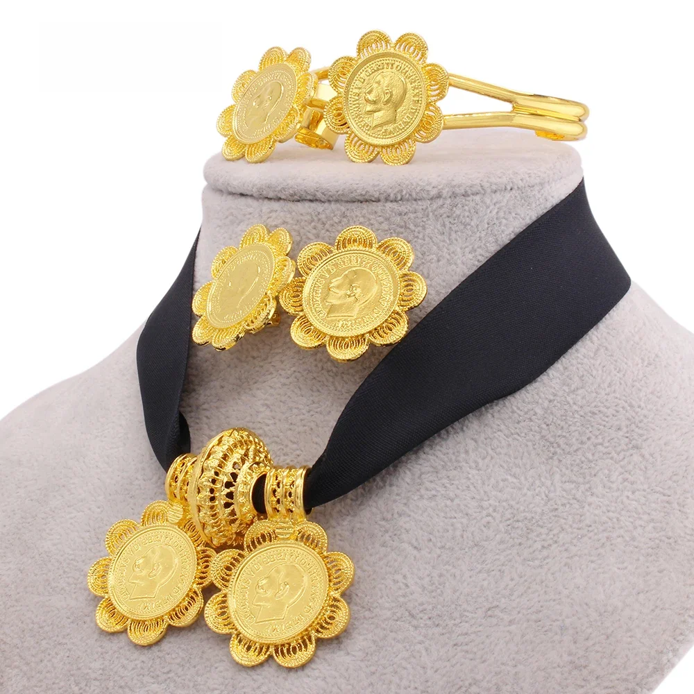 Ethiopian Luxury Jewelry sets Gold plated Earrings Ring Bangle Pendant Red Rope Chain for Women