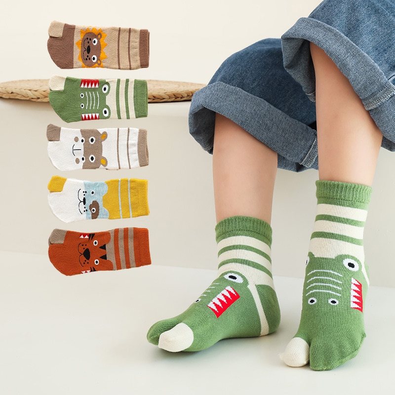 5 Pairs New Style Children Pure Cotton Two Toed Tabi Socks for Kids Student Boys Girls Middle Tube Cartoon Split Thumb Toe Socks