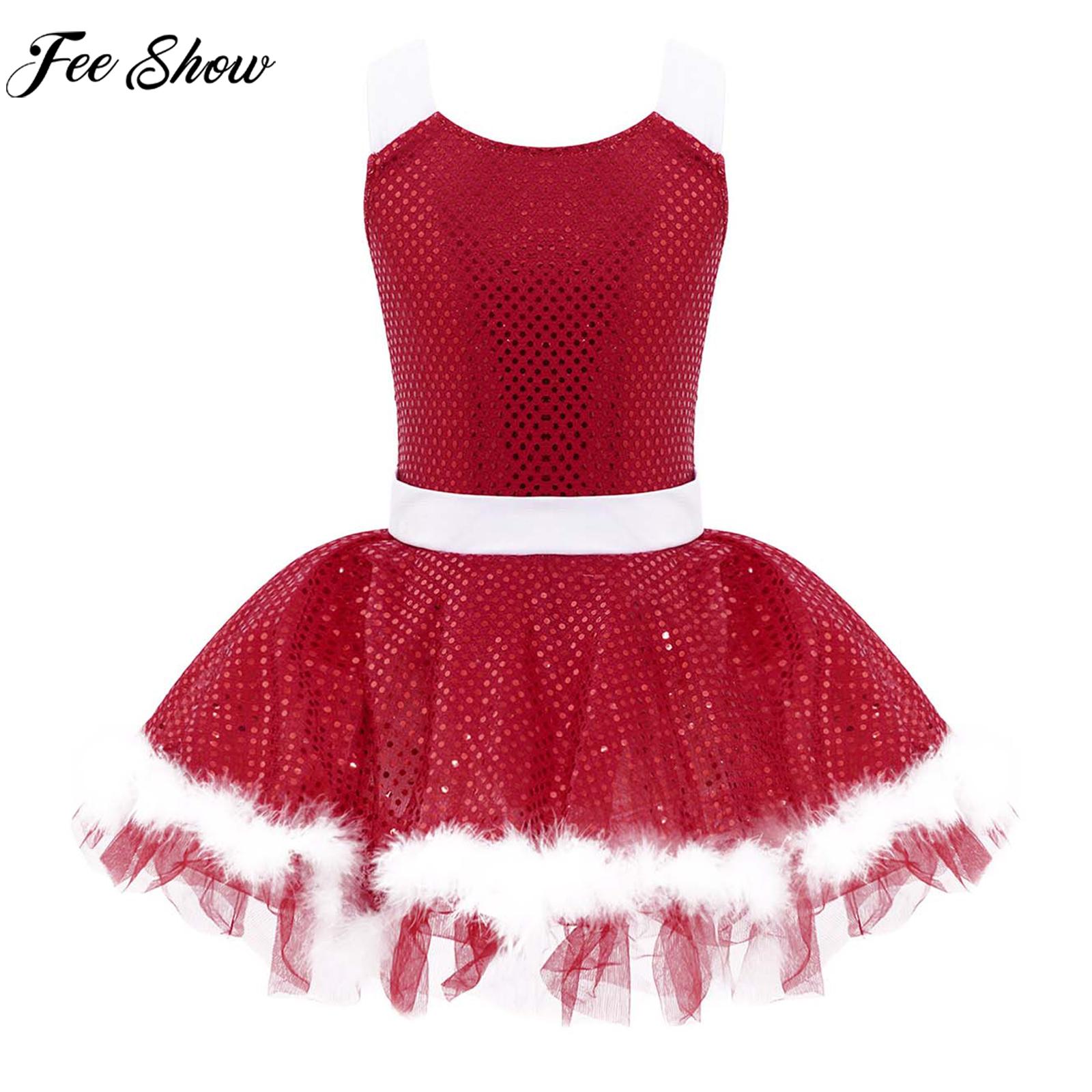 Girls Christmas New Year Ballet Tutu Dance Dress Shiny Sequin Faux Fur Leotard Dresses for Skating Gymnastics Stage Performance
