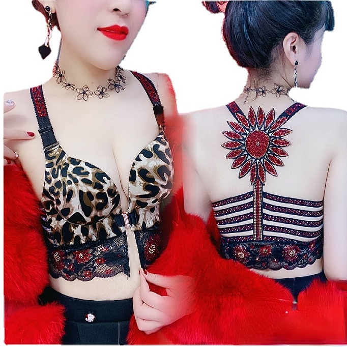 front button bra women's small breast thickened seamless lace bra sexy rhinstones bra