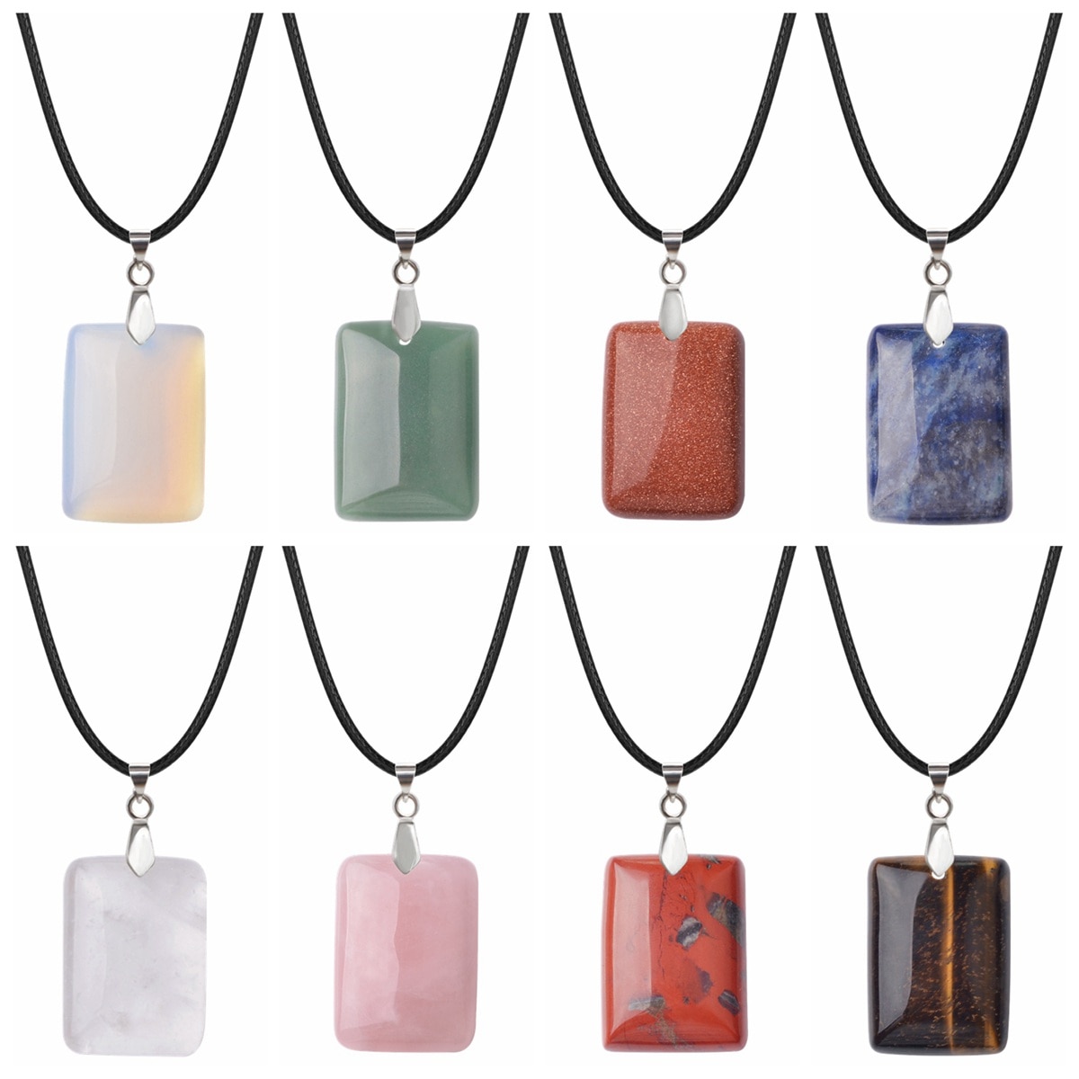 Natural Rectangle Pendant Stone Necklace Healing Chakra Crystal 25x35MM Spiritual Jewelry with Black Cord for Women Girls