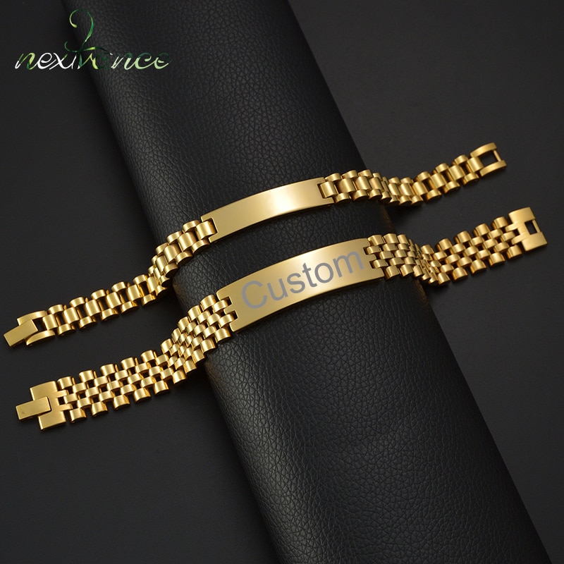 Nextvance 10mm Punk Men Personalised Engraved Name Date Bracelets for Women Thick Chain Stainless Steel Jewelry Bangle Gift