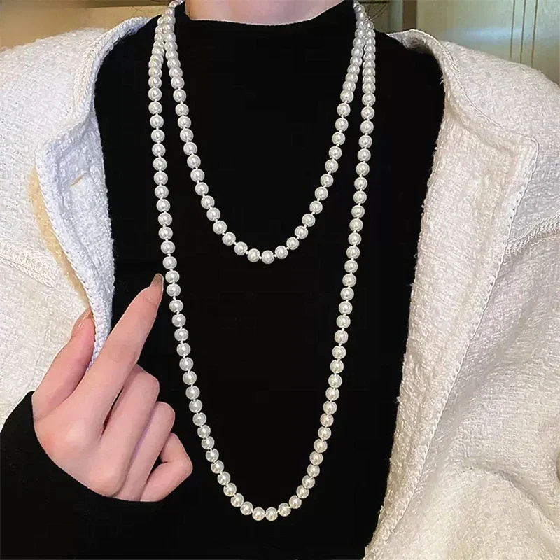 Long pearl necklace women design collarbone chain light luxury autumn and winter French temperament