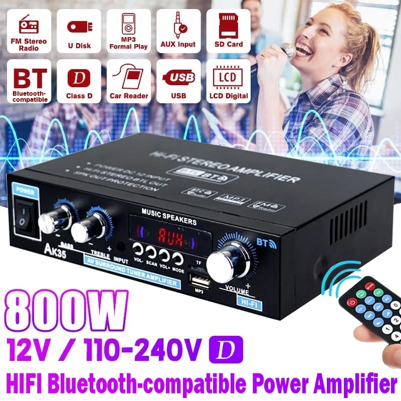 800W 2 Channel bluetooth Car Amplifier Stereo Sound Amplifier HIFI Subwoofer Bass Amplifier