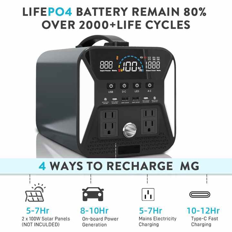 1000W Camping Portable Power Station 220V 320000mAh Lifepo4 18650 Li-ion Battery Outdoor Power Supply Solar Generator For Home