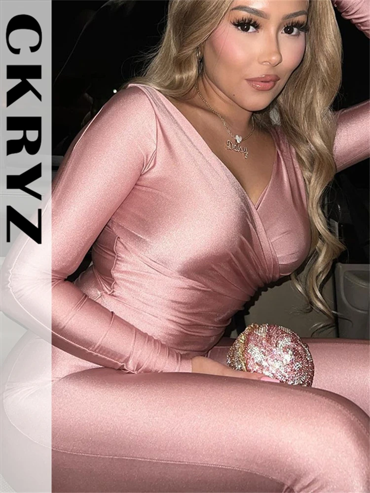 Ladies Off Shoulder Night Clubwear Y2K 2 Piece Long Sleeve V-Neck Folds Tees+Pencil Pants Fashion