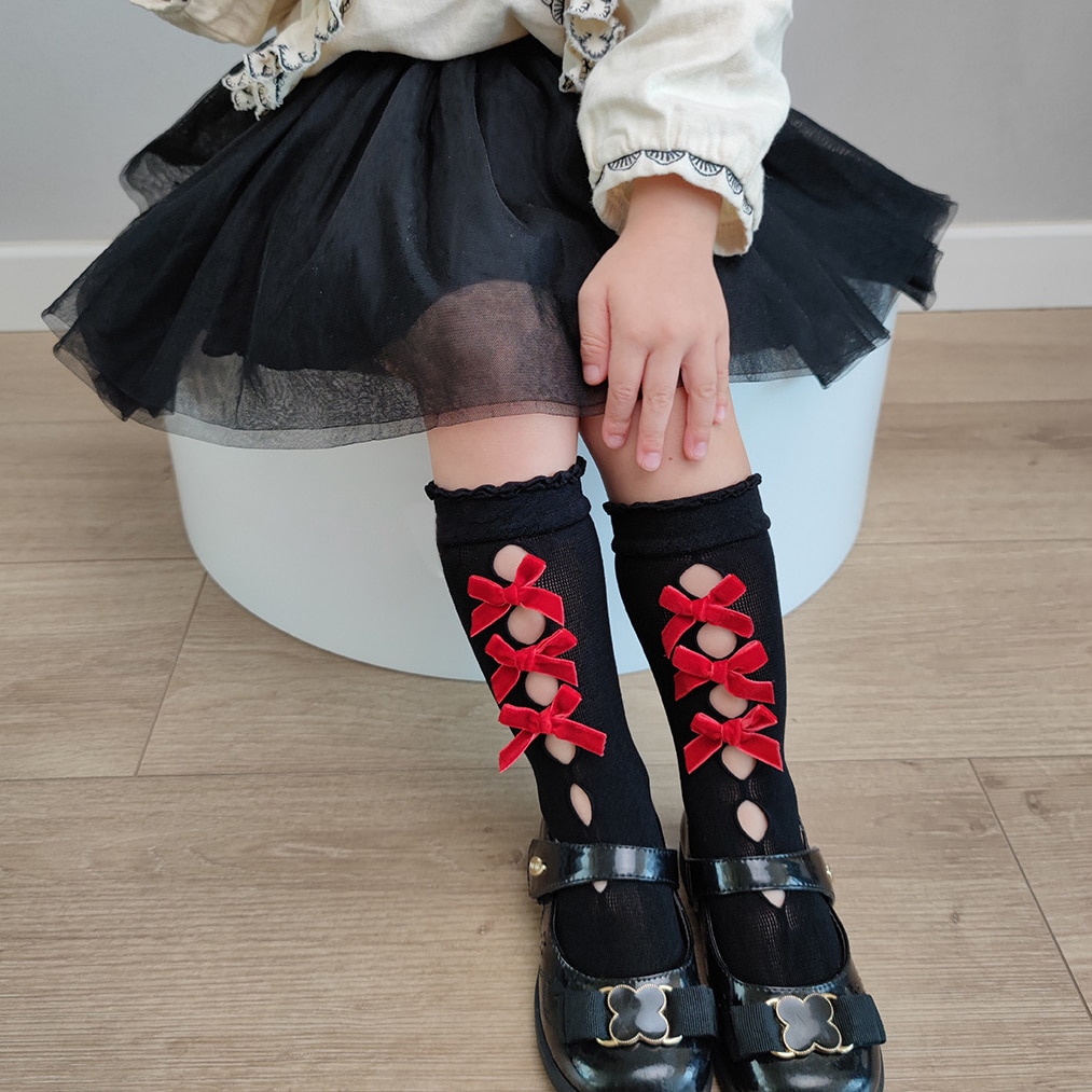 Winter Merry Christmas Bow Lace White Stitch Long Socks 2023 Kawaii Cute Hollow Fishnet Japanese Sweet Stocking for Baby Girls